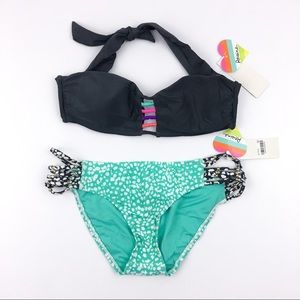 Raisins Women’s Black & Teal Bandeau Bikini Size M